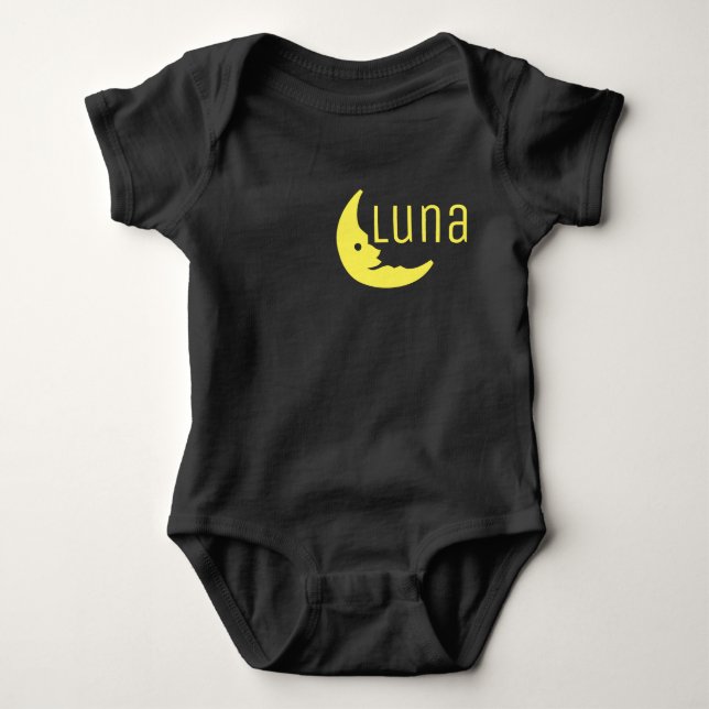 Lustige gelbe schwarze Halbmond-Luna-Typografie Baby Strampler (Vorderseite)