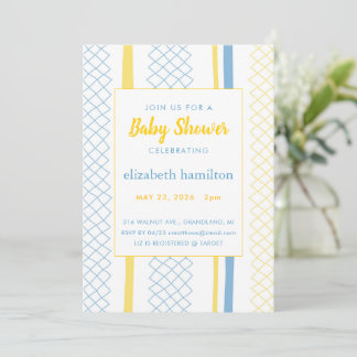 Lustige geometrische gelbe und blaue Babyparty-Ein Einladung