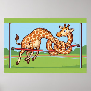Lustige Giraffe Hochsprung Cartoon Poster