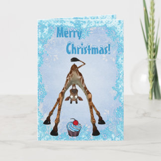 Lustige Giraffe u. blaue Kuchen-Weihnachtskarte Feiertagskarte