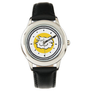 Lustige glückliche lächelnde Katze auf einer Armbanduhr