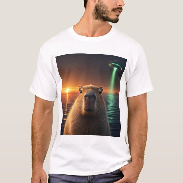 lustige grafische Capybara Selfie mit UFO komisch T-Shirt (Vorderseite)