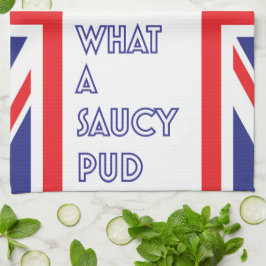 Lustige große Briten backen weg von frechem Pud Geschirrtuch