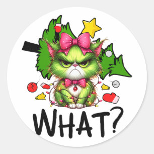 Lustige grüne Katze Weihnachtsbaum Frohe Weihnacht Runder Aufkleber