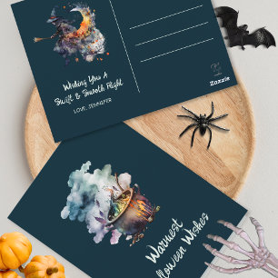 Lustige Halloween-Kessel fliegende Besen Basic Hex Postkarte