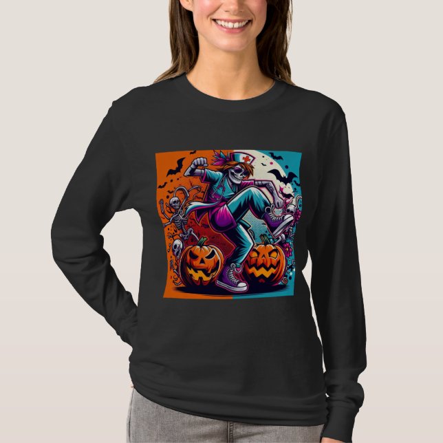 Lustige Halloween-Krankenschwester tanzt T-Shirt (Vorderseite)