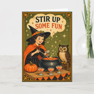 Lustige Hexe & Eule Vintage Halloween Karte