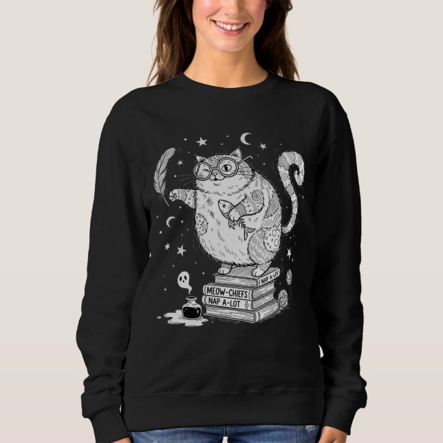 Lustige Hexenkatze auf Büchern  Sweatshirt (Vorderseite)