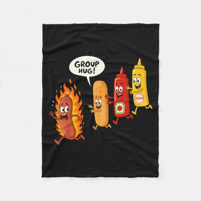 Lustige Hotdog-Gruppenumarmung Wurst Brötchen Chup Fleecedecke (Vorderseite)