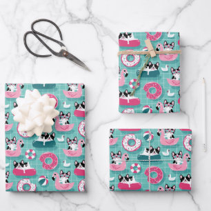 Lustige Hunde am Strand Flamingos Geschenkpapier Set