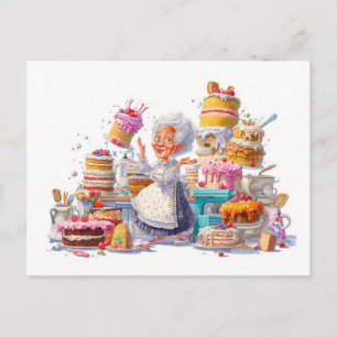 Lustige Illustration von Oma, die Kuchen backt Feiertagspostkarte