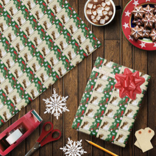Lustige Inspektion des Weihnachtsbaums mit bunter  Geschenkpapier