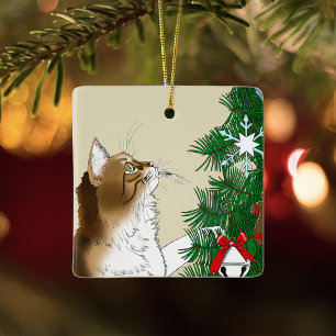 Lustige Inspektion des Weihnachtsbaums mit bunter Keramikornament