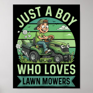 Lustige Jungen beim Rasenmähen Kinder Rasenmäher G Poster
