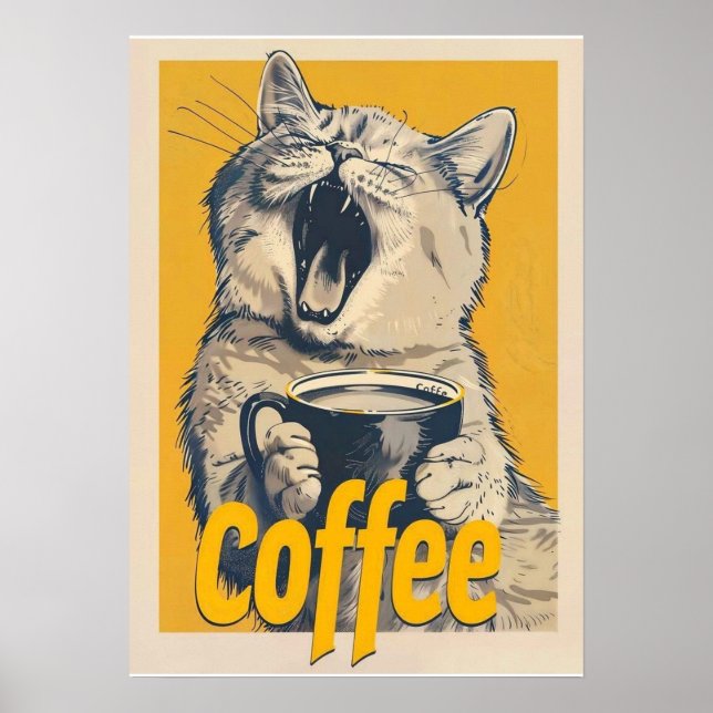 Lustige Kaffee-Katze-Illustration – Gähnende Katze Poster (Vorne)