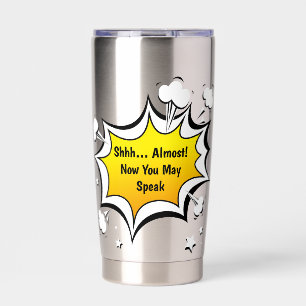 Lustige Kaffeetasse im Comic-Stil mit Zitat Thermobecher
