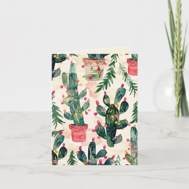 lustige Kakteen, bunte Lichter Weihnachtsgrüße Karte (Vorderseite)