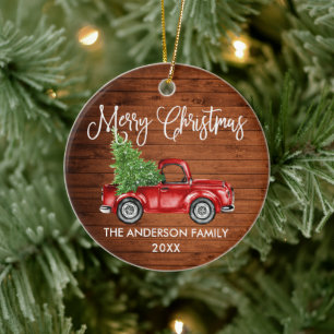 Lustige Kalligrafie Vintage-Rotlastwagen-Holz Weih Keramik Ornament