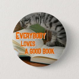 Lustige Katze auf Buch sagt Button