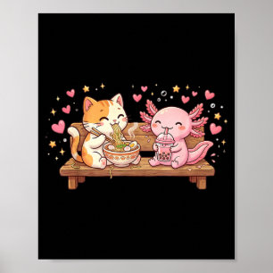 Lustige Katze Axolotl isst Ramen-Nudeln Boba Kawai Poster