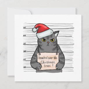 Lustige Katze, die den Weihnachtsbaum umgeworfen h Feiertagskarte