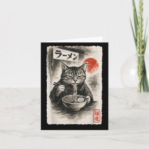Lustige Katze, die Ramen-Nudeln isst Sumi-e Japani Karte