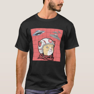 Lustige Katze Galaxie Raumschiff Alien UFO Retro L T-Shirt