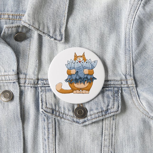 Lustige Katze hält Fisch Cartoon Hungrige Katze Button (Von Creator hochgeladen)