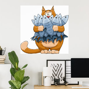 Lustige Katze hält Fisch Cartoon Hungrige Katze Poster