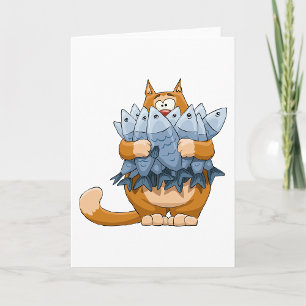 Lustige Katze hält Fisch Cartoon Hungrige Kitty Karte