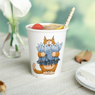 Lustige Katze hält Fisch Cartoon hungrige Kitty Pappbecher