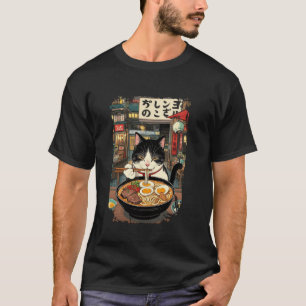 Lustige Katze isst Ramen-Nudeln Retro-Japan Nacht T-Shirt