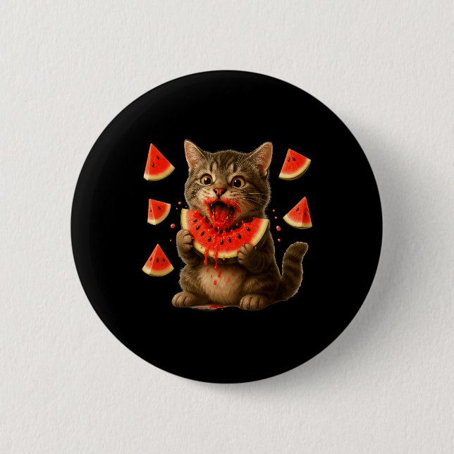 Lustige Katze isst Wassermelonen-Scheibe Wassermel Button (Vorderseite)