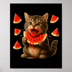 Lustige Katze isst Wassermelonen-Scheibe Wassermel Poster