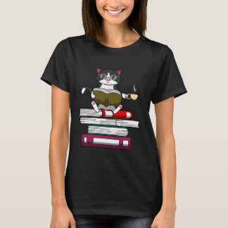 Lustige Katze liest Bücher Katze und Kaffee T-Shirt