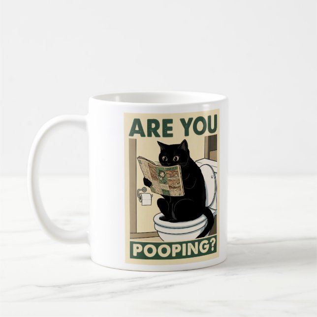 Lustige Katze liest Zeitung im Badezimmer Kaffeetasse (Links)