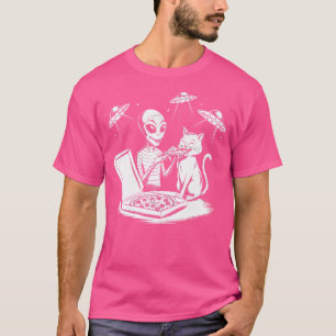 Lustige Katze mit Außerirdischem, der Pizza isst,  T-Shirt
