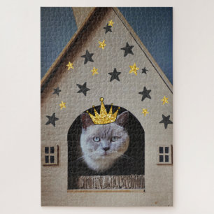Lustige Katze mit goldener Glitter-Bling-Krone Puzzle