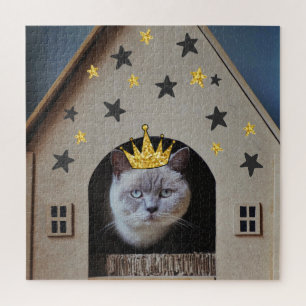 Lustige Katze mit goldener Glitter-Bling-Krone Puzzle