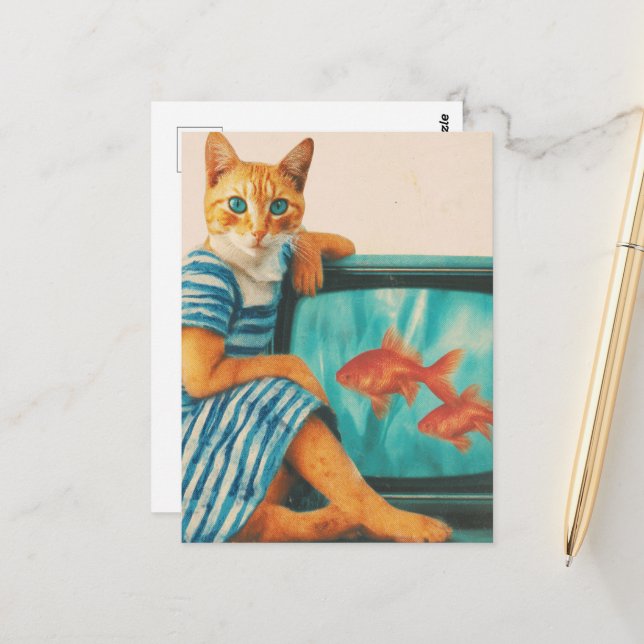 Lustige Katze mit Goldfisch Retro-Collage Postkarte (Vorderseite/Rückseite Beispiel)