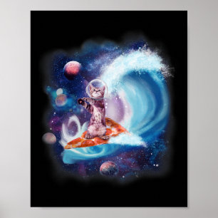 Lustige Katze mit Helm surft auf Pizzabrett Poster