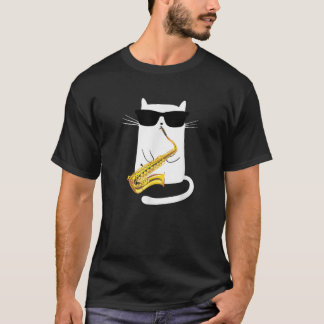 Lustige Katze mit Sonnenbrille Saxophon spielend T-Shirt