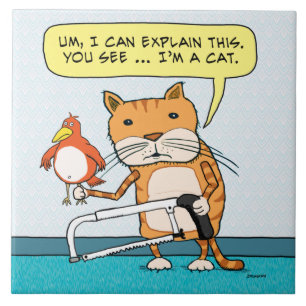 Lustige Katze mit Vogel und Metallsäge Fliese