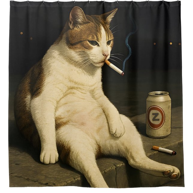 Lustige Katze mit Zigarette Gen Z Meme Duschvorhang (Vorderseite)
