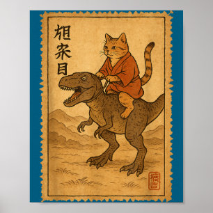 Lustige Katze reitet auf Dinosaurier japanischer N Poster
