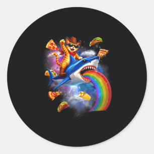 Lustige Katze reitet auf einem Hai Regenbogen Pizz Runder Aufkleber