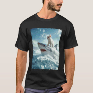 Lustige Katze reitet auf Hai T-Shirt