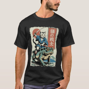 Lustige Katze reitet Frosch japanische Ukiyo-e-Kun T-Shirt