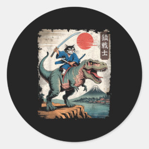Lustige Katze reitet T-Rex japanische Ukiyo-e-Kuns Runder Aufkleber
