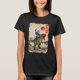 Lustige Katze Reitet T-Rex Japanische Ukiyo-e Kuns T-Shirt